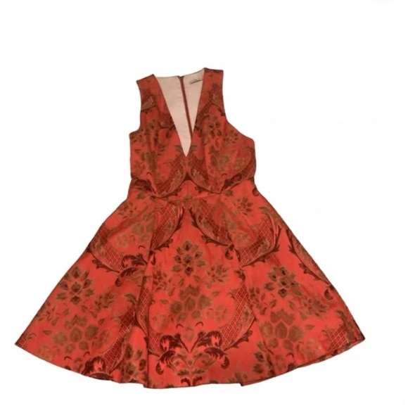 Alice + Olivia Mollie Fit and Flare Orange Brocade Floral Mini Dress Size 6 - Picture 5 of 11